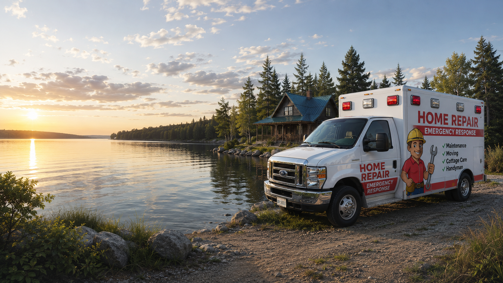 Maintenance 911 — Home Repair Emergency Response van and technician at a Parry Sound lakeside cottage